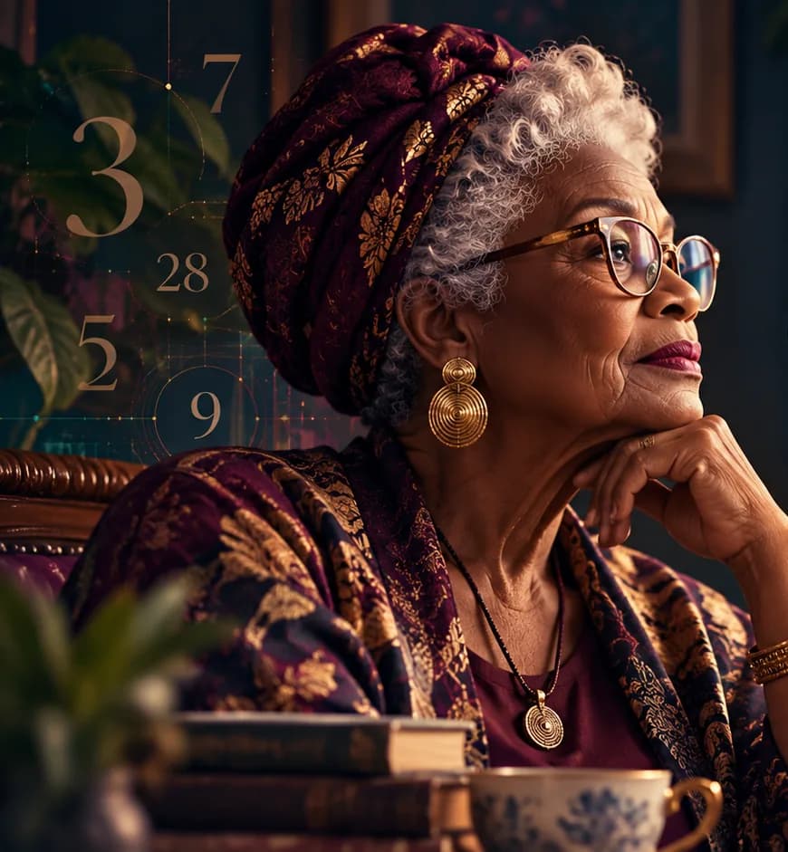 Elegant older Black woman surrounded by abstract numerical and analytical graphics representing the Auntie's Numbers pattern engine.