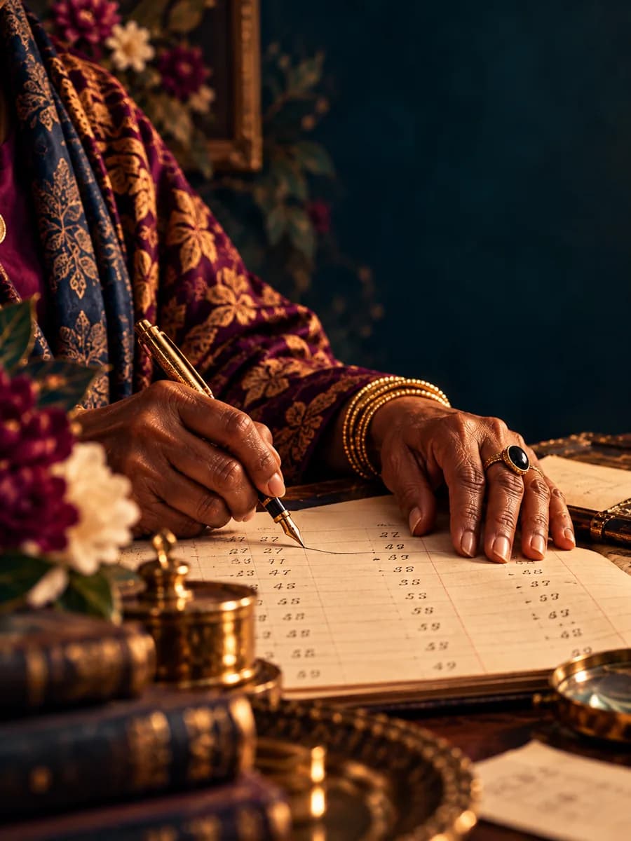 Auntie's hands, with gold bangles and an onyx ring, drawing a line between numbers in a ledger with a fountain pen.