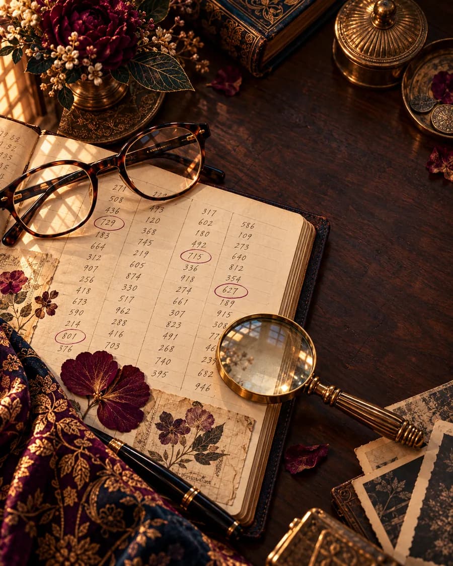 Overhead view of a notebook of handwritten three-digit numbers, a few circled in burgundy, with reading glasses, a magnifying glass, and pressed flowers.